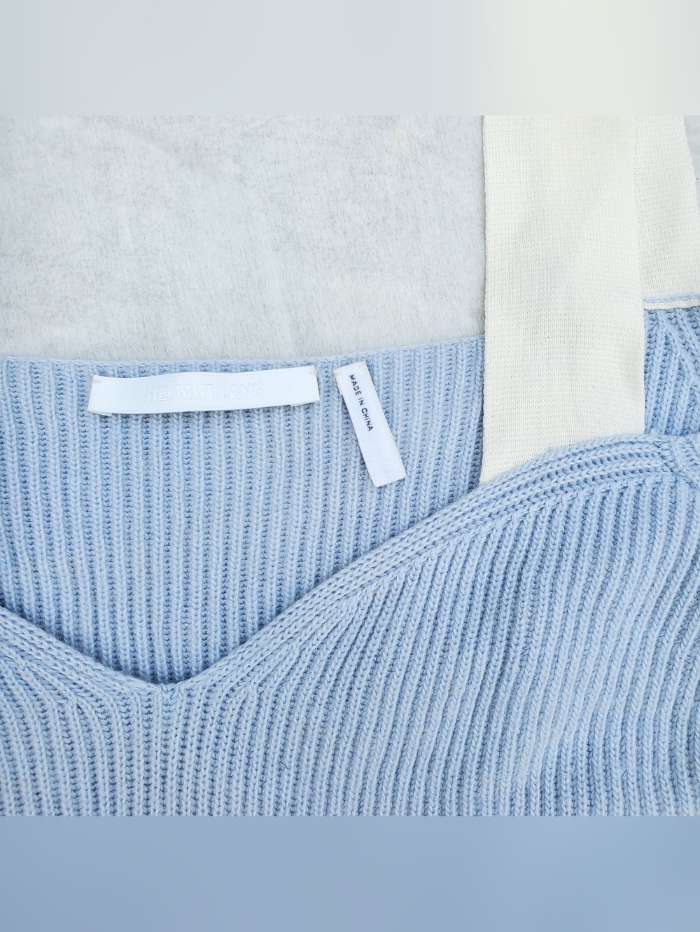 Helmut Lang Pale Blue Ribbed Cold-Shoulder Sweater with Cream Straps - Picture 6 of 7